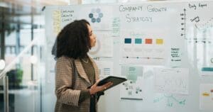 Business, woman and ideas on whiteboard with tablet for strategy, planning and report as trend anal